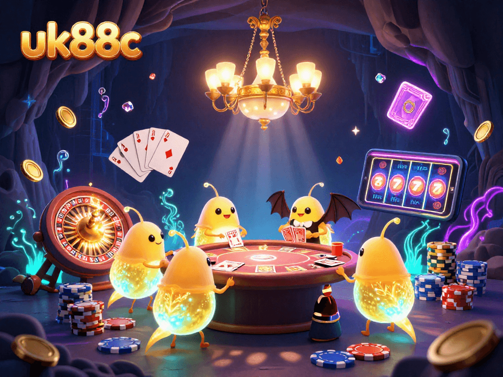 Experience the excitement of gambling with uk88c at this dazzling cave casino, alive with vibrant characters and luminous treasures.