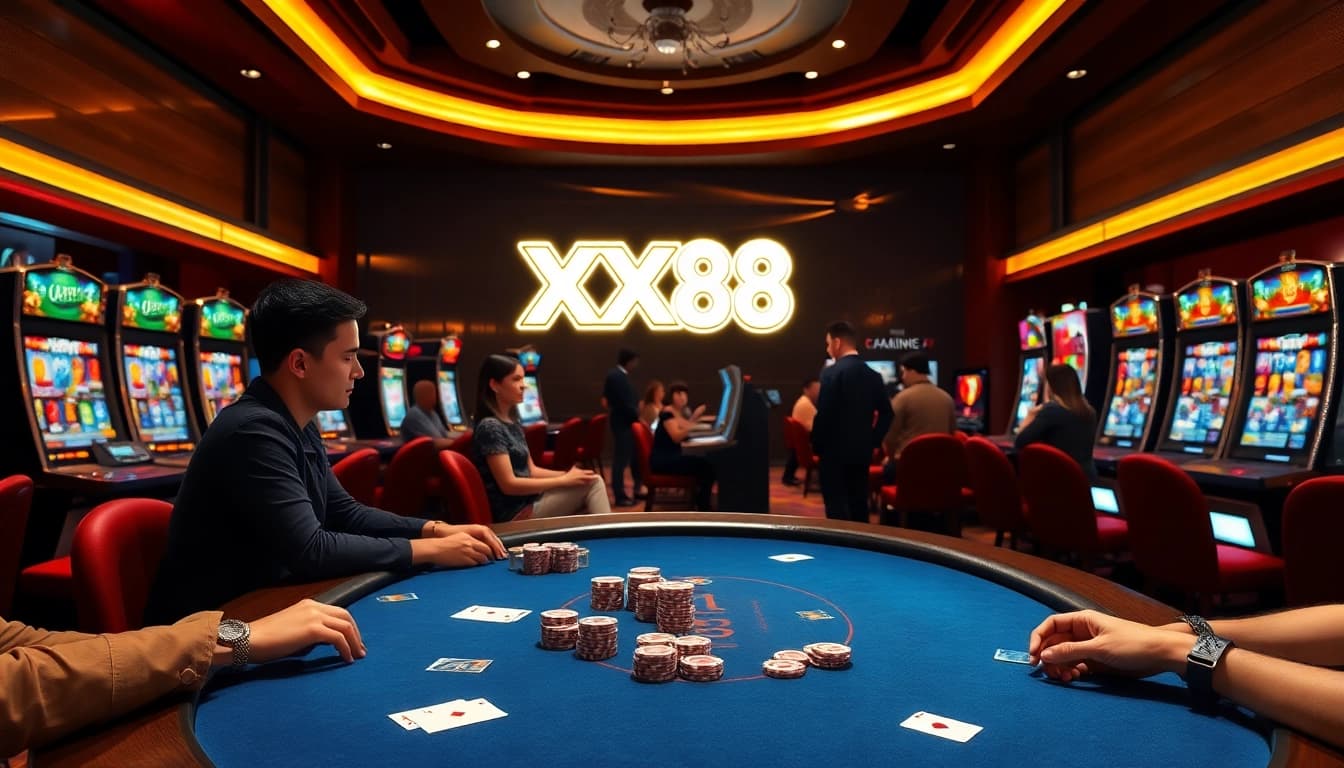 Experience the thrill of poker at XX88 with vibrant chips and a luxurious casino setting.