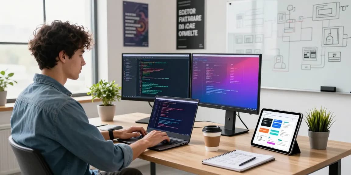 Developer coding in a modern workspace while showcasing WPS Official Website tools and apps.