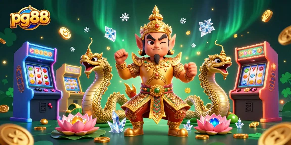 Experience an engaging pg88 casino scene with a golden yaksha guardian, vibrant games, and sparkling elements.