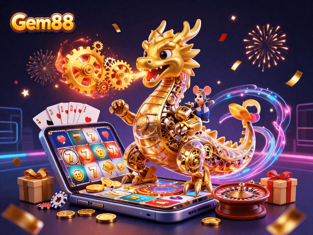 Win at Gem88 with a vibrant 3D scene featuring a golden dragon and exciting casino games!