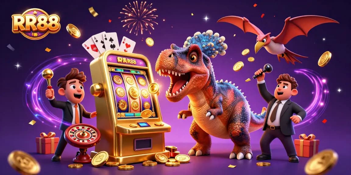 RR88 showcases a dynamic casino scene with exciting characters and thrilling gaming elements.