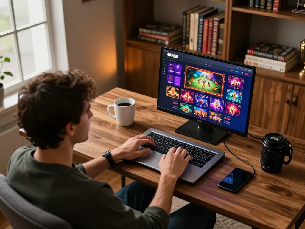 A player enjoying an online gambling session on 40WIN platform, showcasing a stylish home gaming setup.