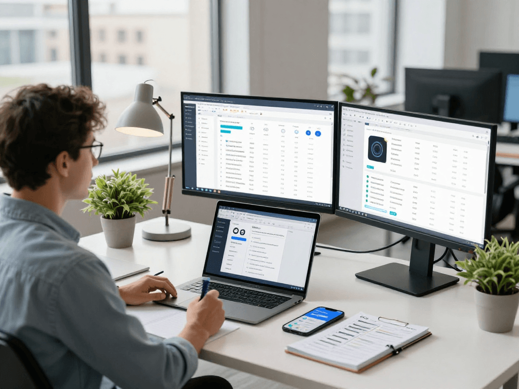 Profissional de marketing digital analisando métricas em múltiplos monitores no ambiente multicanais.