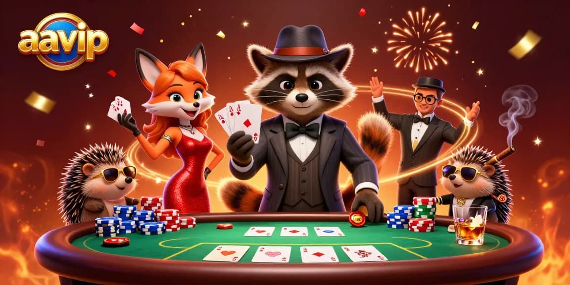 AAVIP casino scene with a raccoon, fox, and hedgehog gambling at a poker table surrounded by poker chips.