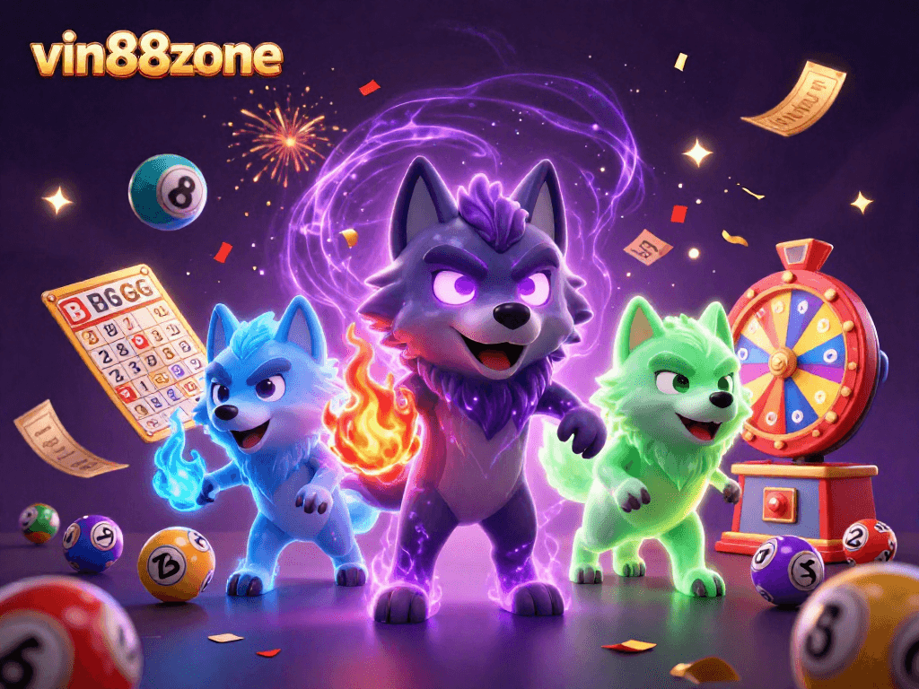 Engage with vin88zone's vibrant lottery excitement featuring colorful balls and a spirited wolf pack!