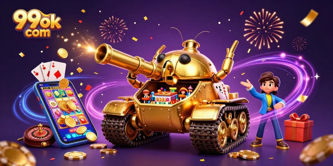 Engage with the vibrant 99ok com casino scene featuring a golden beetle tank, confetti, and dynamic gaming elements.