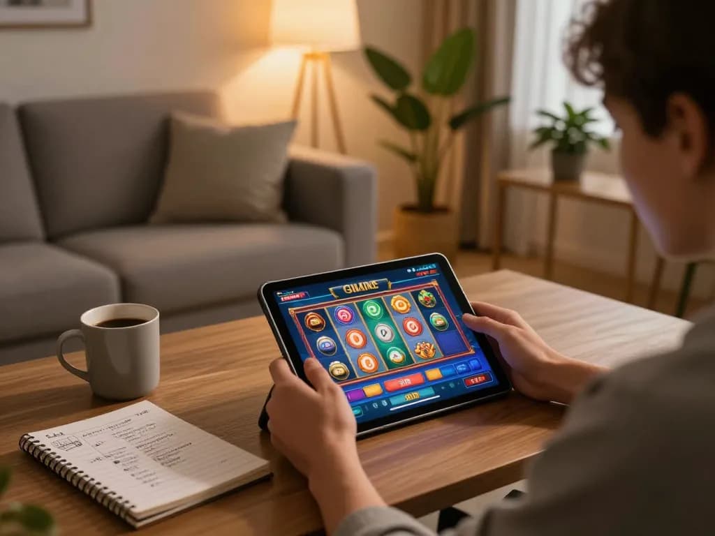 Person enjoys mobile gaming at https://rikvip09.com/ with colorful slots displayed on a tablet in a cozy living room.