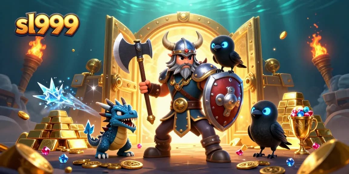 Ganhe com sl999 jogando no cassino: guerreiro viking e dragão em ação em ilustração 3D.