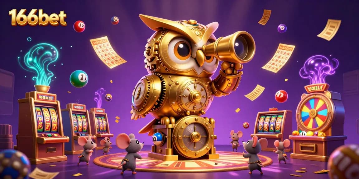 Experience the excitement of 166bet with a dynamic casino scene featuring a golden owl and vibrant game elements.