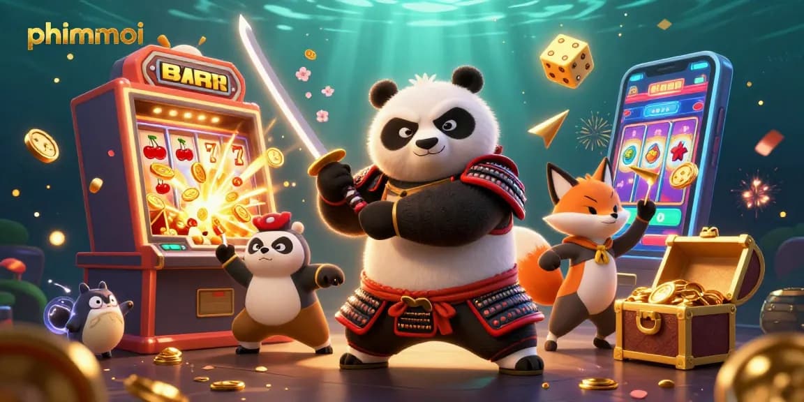 Experience phimmoi's thrilling slots with a samurai panda and ninja fox in a vibrant casino scene.