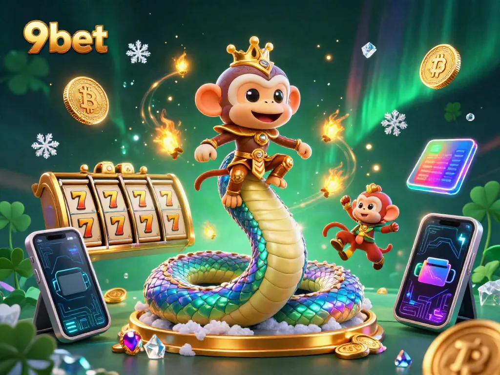 Experience the thrill of 9bet with vibrant casino elements in a dynamic, colorful scene.
