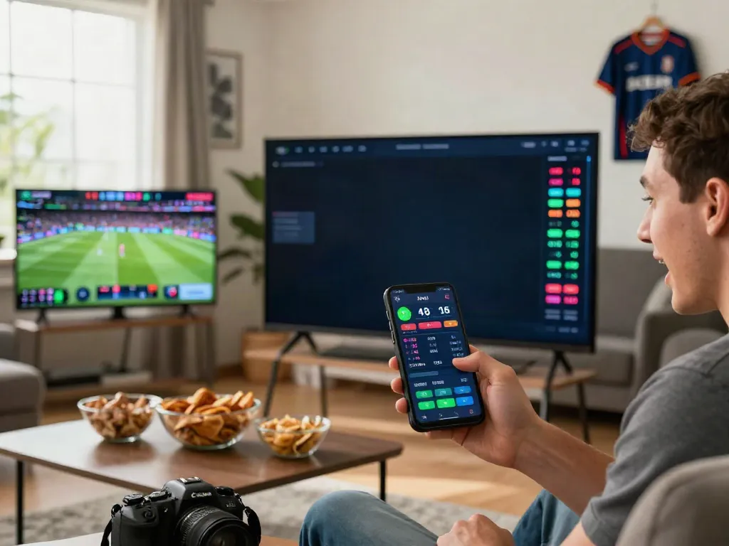 Engaged user placing bets on mobile app at https://uk88win.org/ in a lively living room.