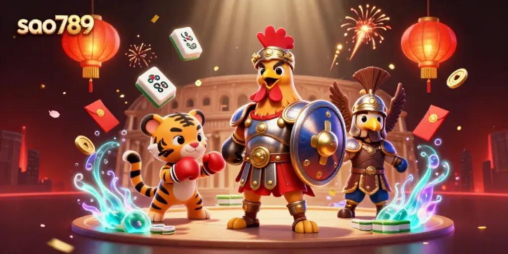 Engage in thrilling gameplay at sao789 with an exciting 3D casino-themed illustration featuring a gladiator rooster and dynamic game elements.