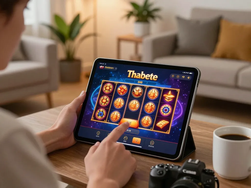Player engaging with the Thabete casino app on tablet, emphasizing strategic online gaming experience.