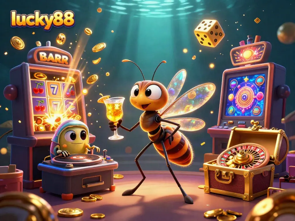Experience winning action at lucky88 with vibrant casino graphics and a lively mascot scene.