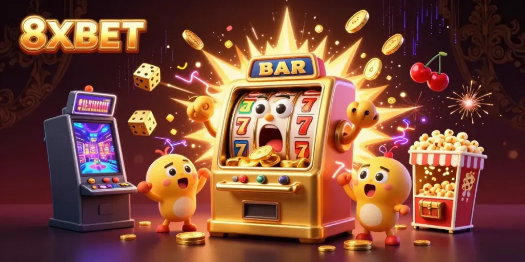 Jackpot celebration at 8XBET with a cartoon slot machine cheering and coins pouring, creating an exciting gambling vibe.