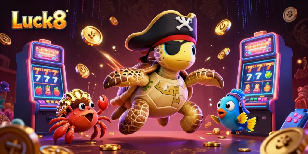 Catch thrilling moments at Luck8's undersea casino adventure featuring a pirate turtle and colorful slot machines.