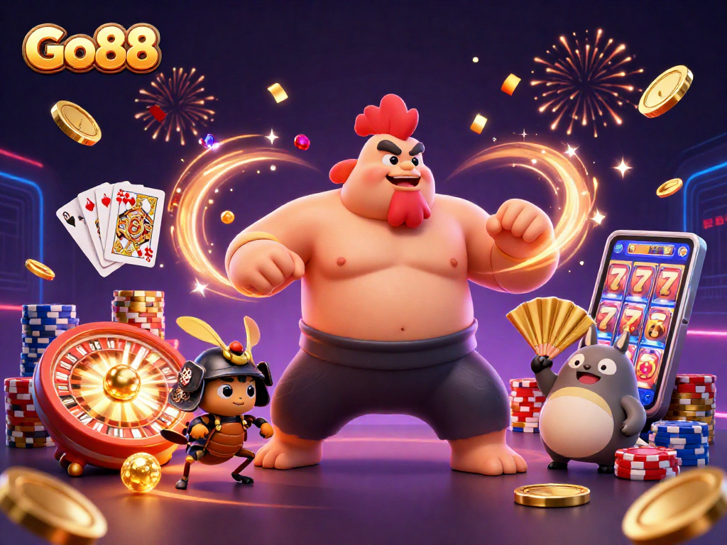 Engage with Go88's vibrant casino scene featuring dynamic characters and action-packed elements.