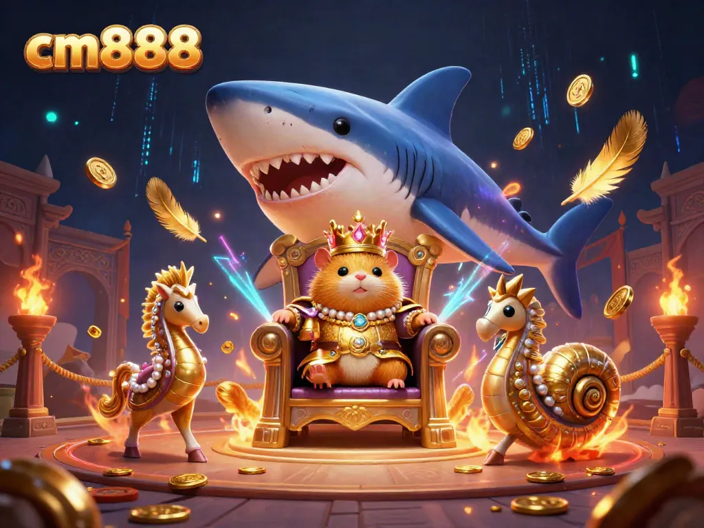 Experience the exciting world of cm8888 with a vibrant 3D scene of a tiny hamster king reigning in a lavish gaming setting.
