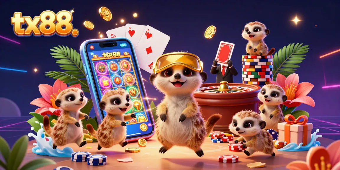 Watch tx88’s meerkats masterfully manage casino chips and dynamic slot games in this vibrant 3D illustration.