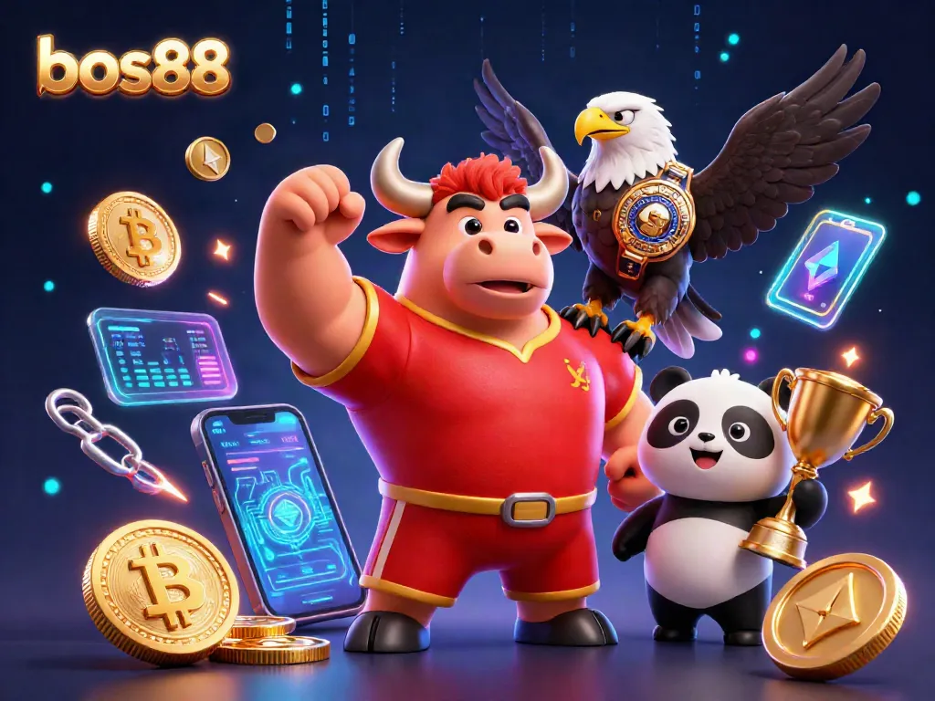 Experience the action with bos88 in a vibrant 3D casino scene featuring winning characters and digital treasures.