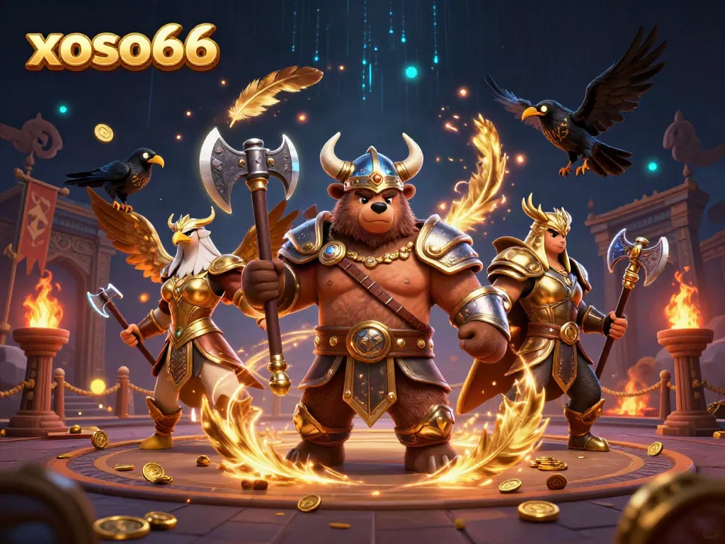 Experience the thrilling action at xoso66 with a dynamic illustration featuring fantasy characters and gaming elements.