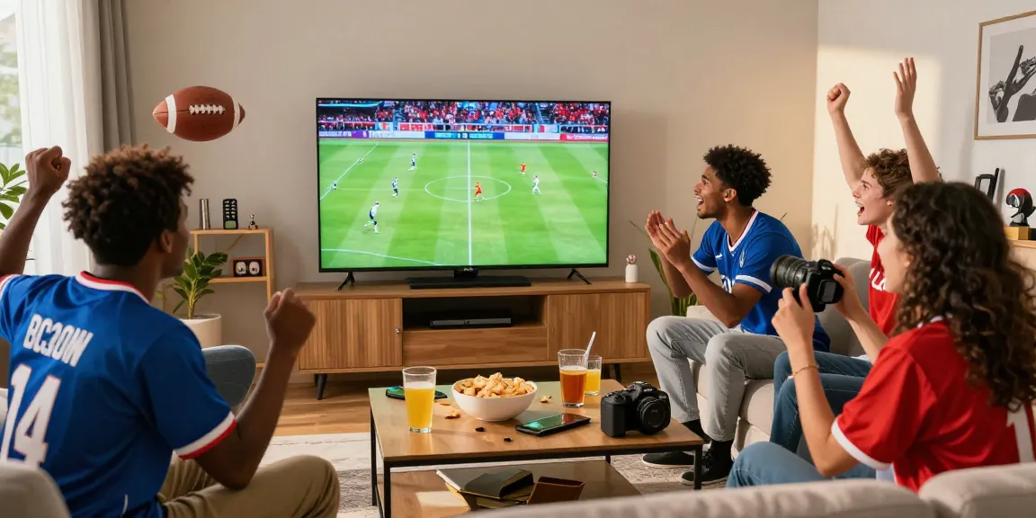 Friends enjoying a football match on Multicanais in a lively living room setting.