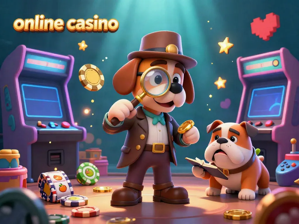 Discover an exciting online casino scene with a detective dog uncovering poker chips and slot symbols.