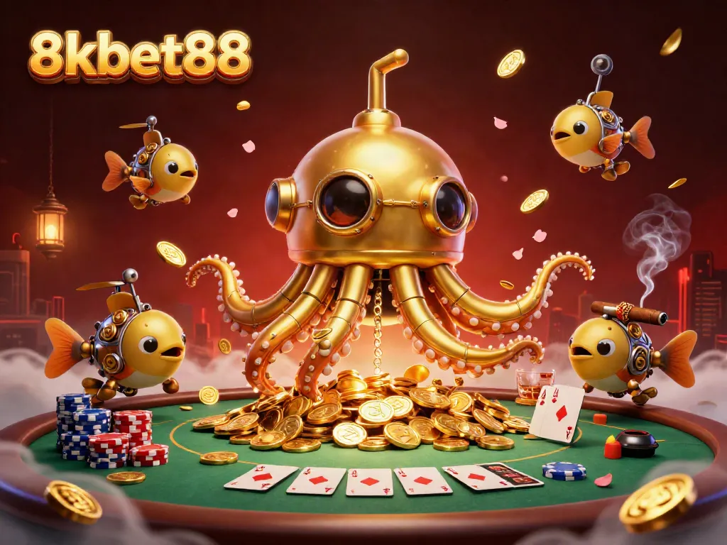 Experience thrilling action at 8xbet88 with a vibrant 3D casino scene featuring golden kraken and poker gameplay elements.