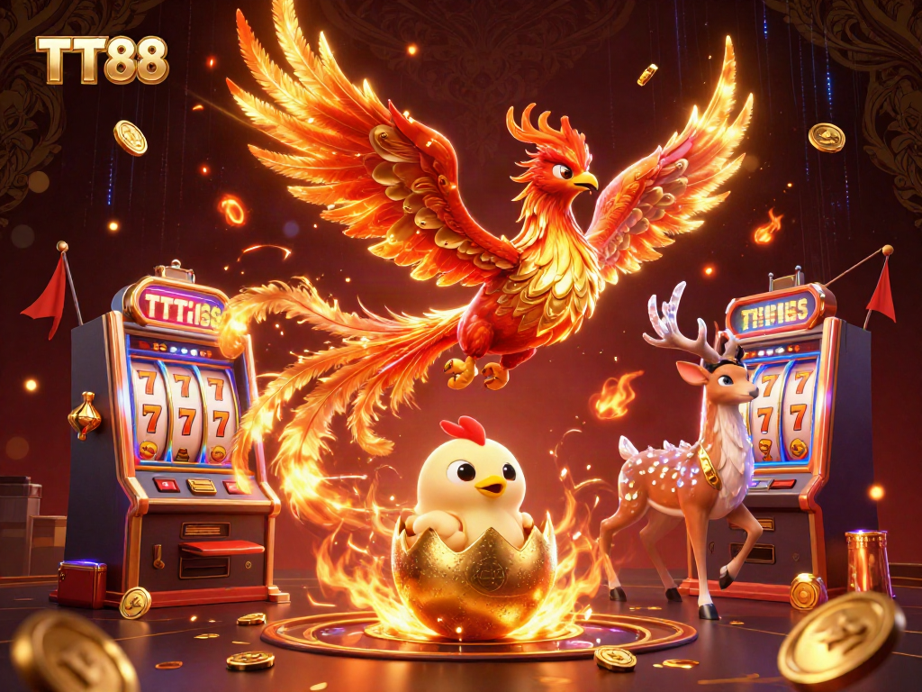 Experience thrilling adventures at TT88 with a vibrant 3D fire phoenix and immersive gaming elements.