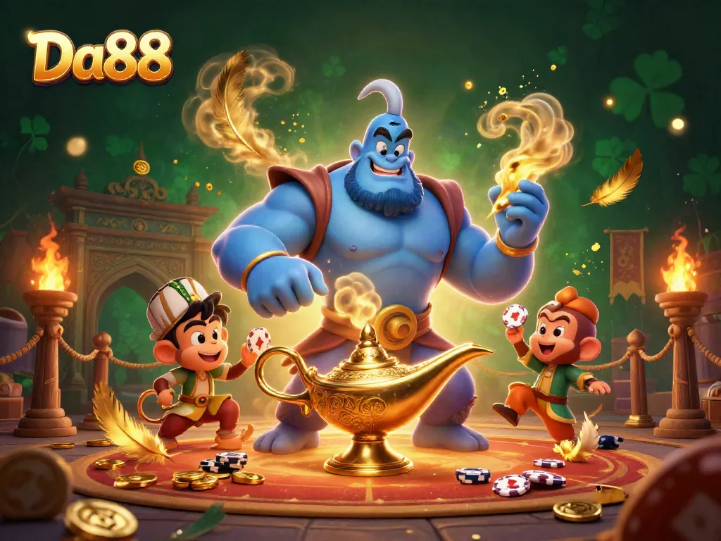 Engage with Da88's thrilling casino atmosphere featuring the dynamic genie and magical elements.