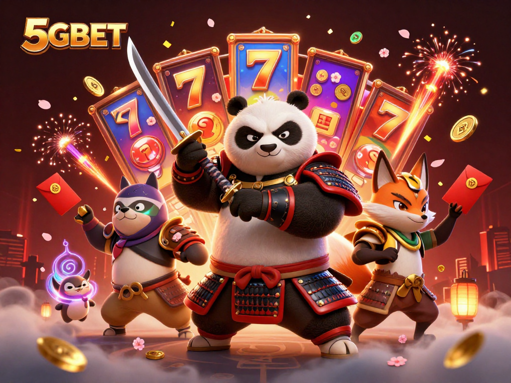 5GBET slots come alive in a vibrant scene with a samurai panda, ninja fox, and magical tanuki.