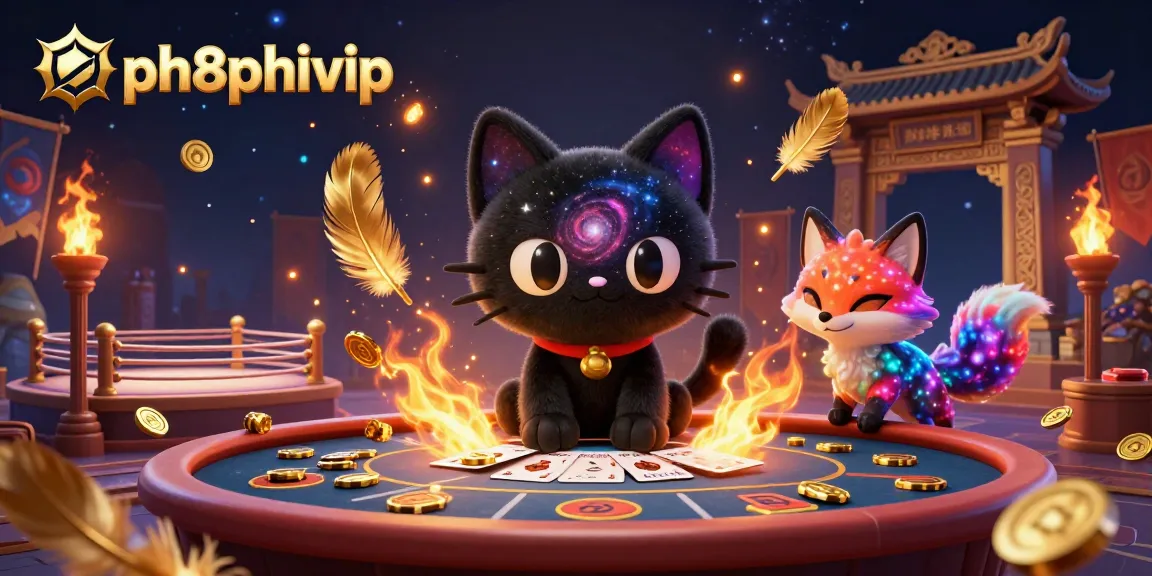 Engage in mesmerizing cosmic gameplay with ph8phivip as the black hole cat spins golden chips and cards at the casino table.