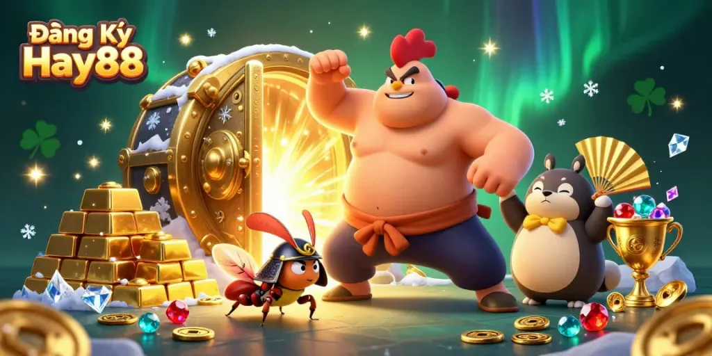 Engage in Đăng Ký Hay88 with a vibrant 3D casino scene featuring vibrant characters and gold treasures.