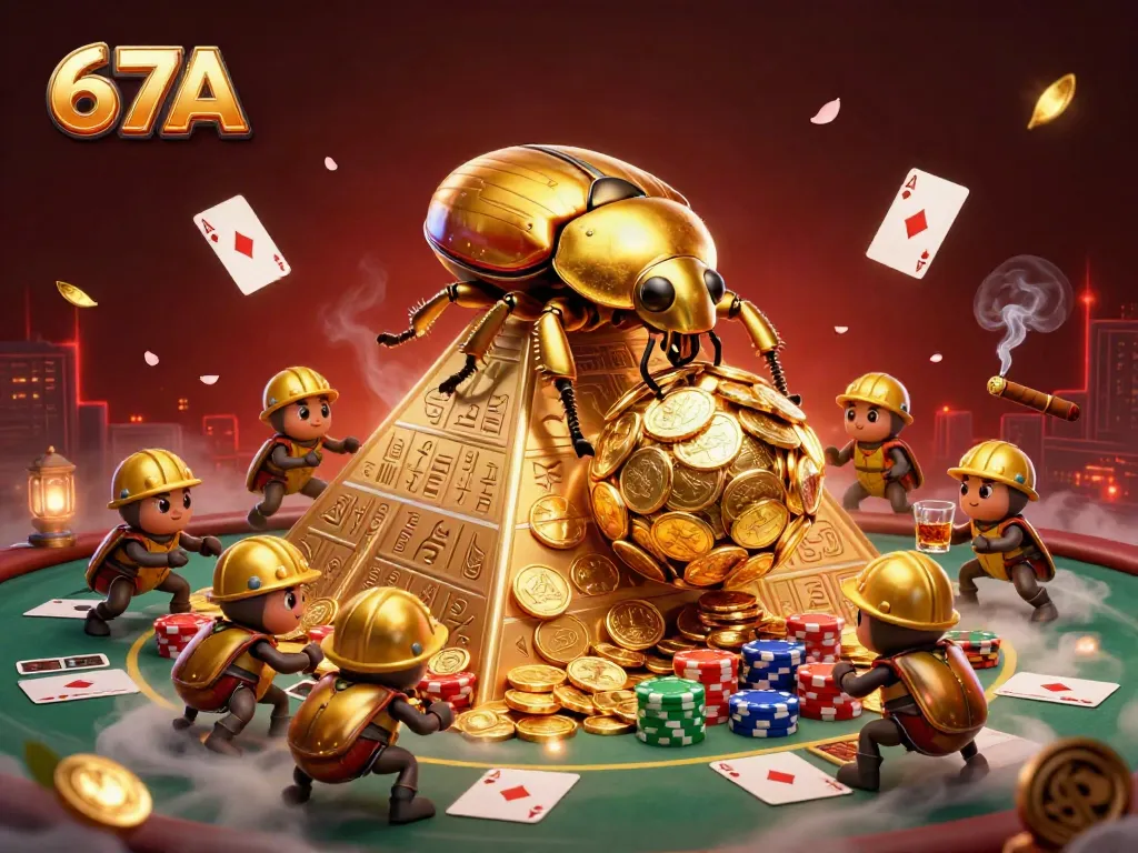 67A casino theme with golden beetles rolling coins and poker elements in a vibrant illustration.