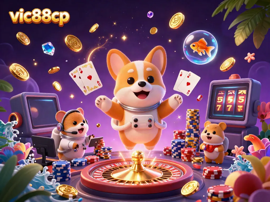 Play the exciting games at vic88cp with a cartoon astronaut corgi and friends in a casino adventure.