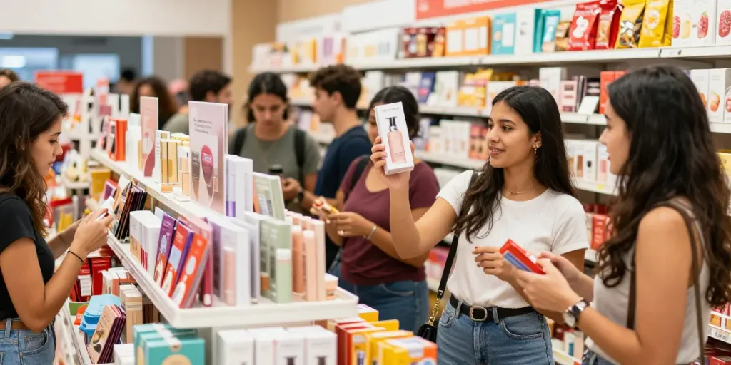 Vibrant e-commerce scene showcasing diverse Produtos in a lively marketplace with shoppers exploring colorful displays.