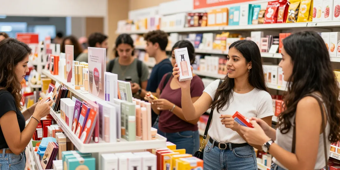 Vibrant e-commerce scene showcasing diverse Produtos in a lively marketplace with shoppers exploring colorful displays.