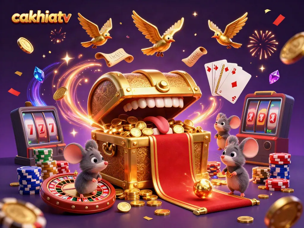 Cakhiatv draws adventurer mice towards golden treasure chests, featuring rich casino elements like chips and cards.
