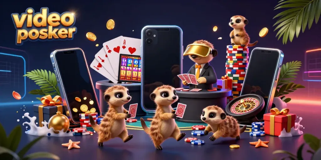 Experience exciting video poker action with animated meerkats in a thrilling casino scene.