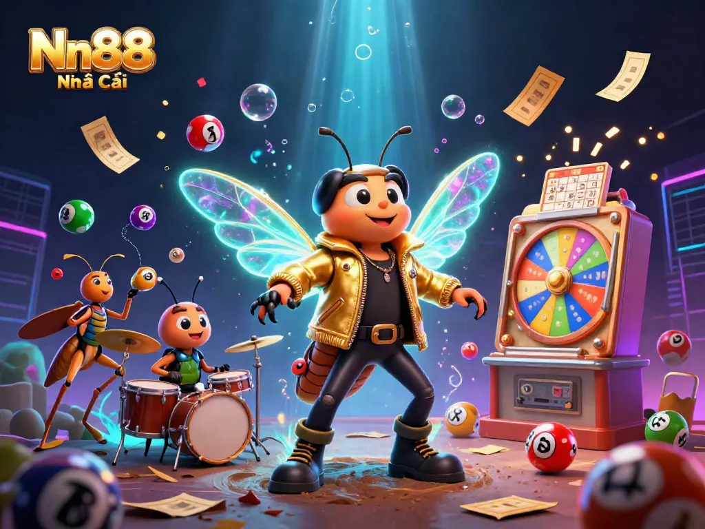 Immerse in Nn88 Nhà Cái with vibrant casino elements and animated characters in a dynamic illustration.