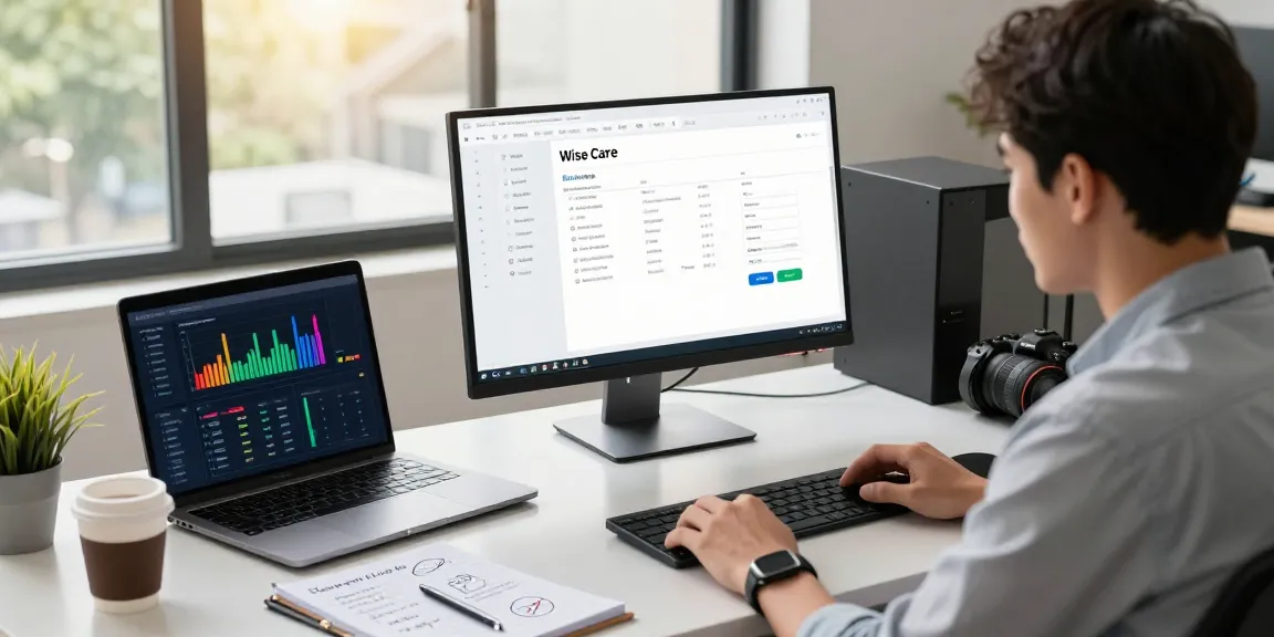 Rokok88 user optimizing PC performance with Wise Care software in a modern workspace