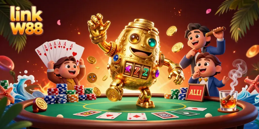 Engage with link W88 to explore an ultra-detailed 3D illustration showcasing a vibrant casino scene.