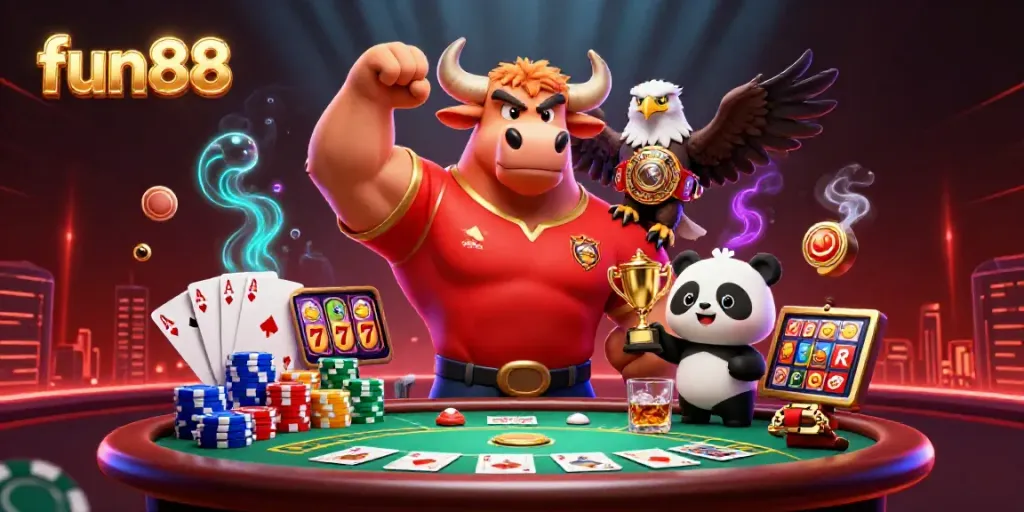 Join the fun88 adventure with vibrant casino characters celebrating victory amidst thrilling game elements.