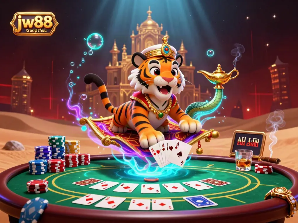Bet on winnings at jw88 trang chủ with a magical 3D casino scene featuring a sultan and poker elements.