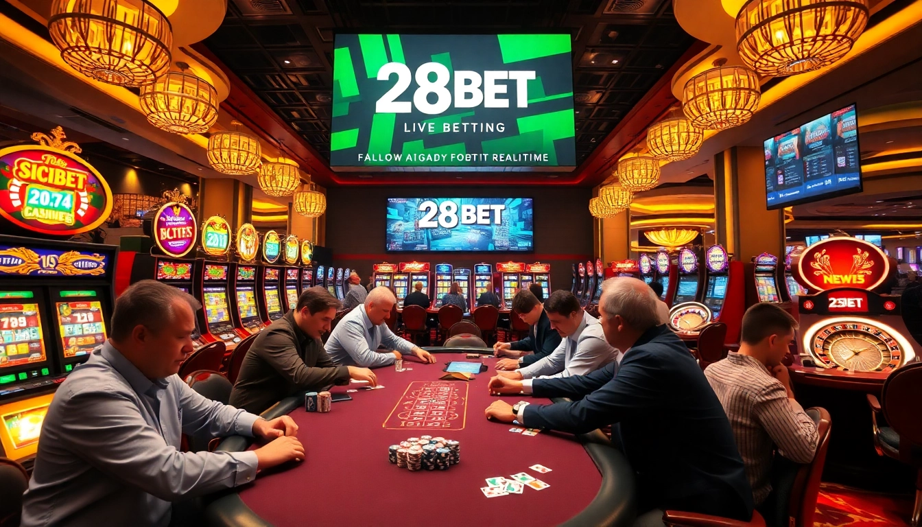 28BET focuses on high-stakes excitement at luxurious casino tables with vibrant slot machines.