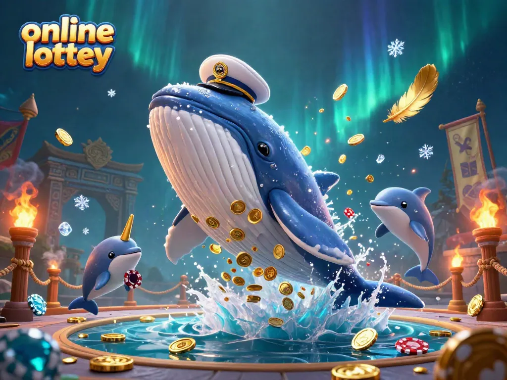 Experience thrilling online lottery games illustrated by a whimsical whale breaching through gold coins with vibrant characters.