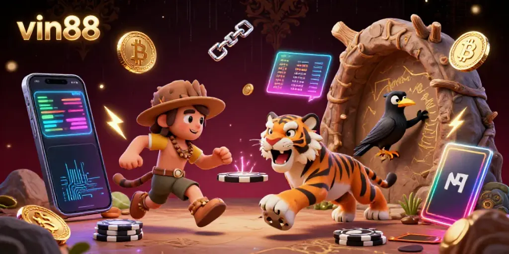 Engage with vin88 through a vibrant casino scene with Bitcoin and Ethereum elements featuring playful prehistoric characters.
