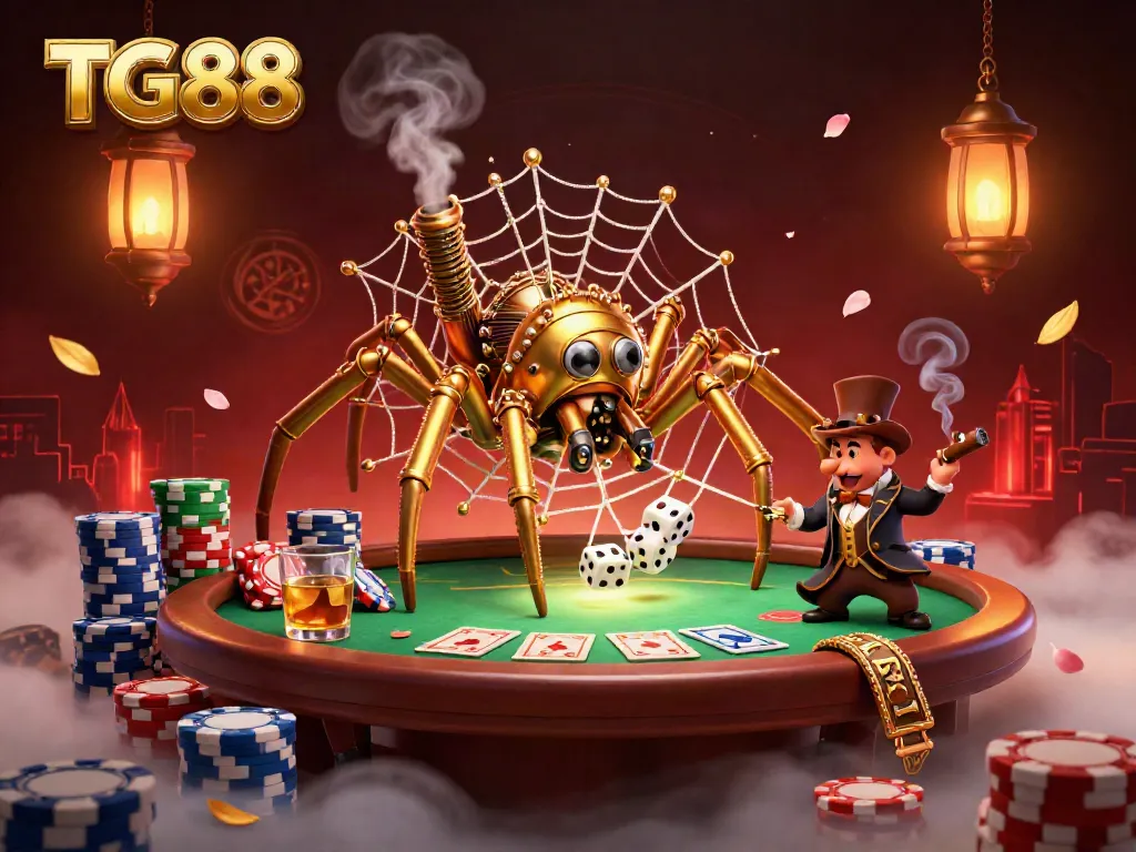 Experience thrilling poker action at TG88 Casino with golden spider and animated dice in a rich 3D scene.
